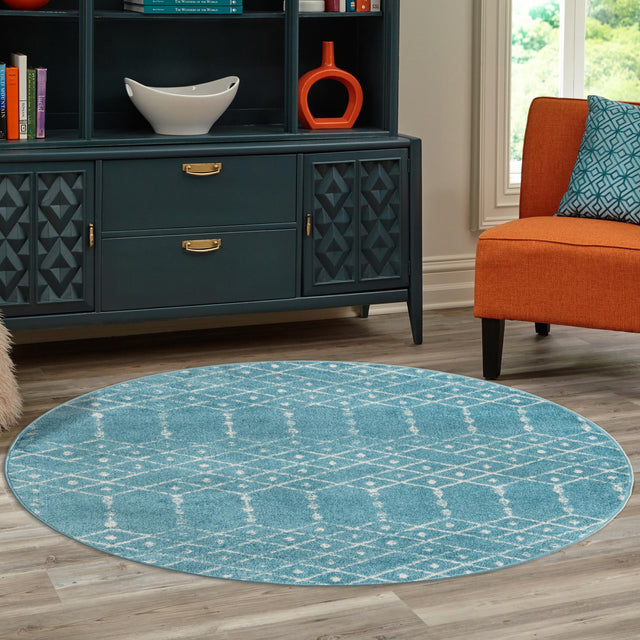 Teal blue 7' 10 x 7' 10 Paxon Trellis Round Area Rug Geometric Durable Stain Resistant Easy Clean Carpet for Modern Interior Home Decor for Sale at Rug Engine