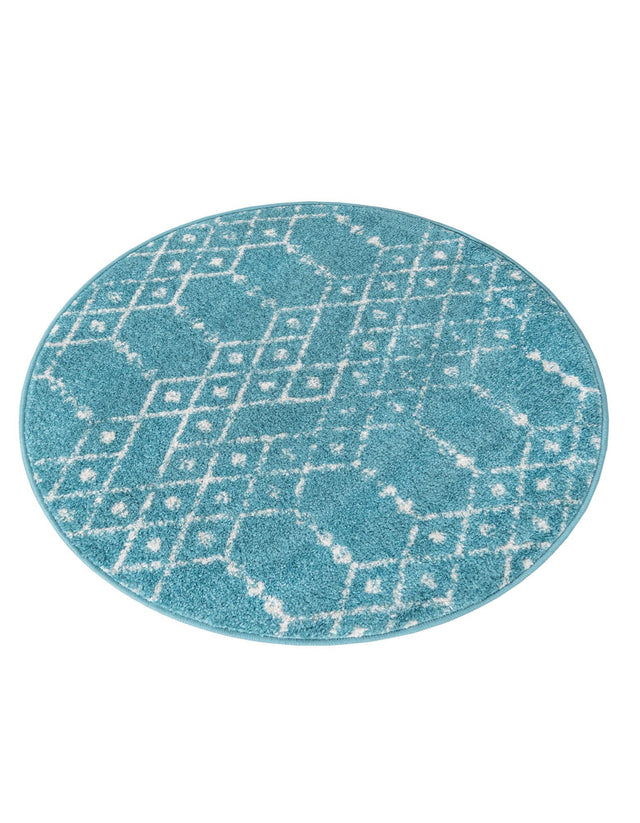 Teal blue 3' x 3' Paxon Trellis Round Area Rug Geometric Durable Stain Resistant Easy Clean Carpet for Modern Interior Home Decor for Sale at Rug Engine