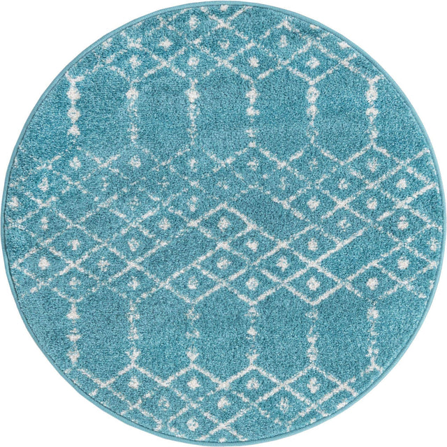 Teal blue 3' x 3' Paxon Trellis Round Area Rug Geometric Durable Stain Resistant Easy Clean Carpet for Modern Interior Home Decor for Sale at Rug Engine
