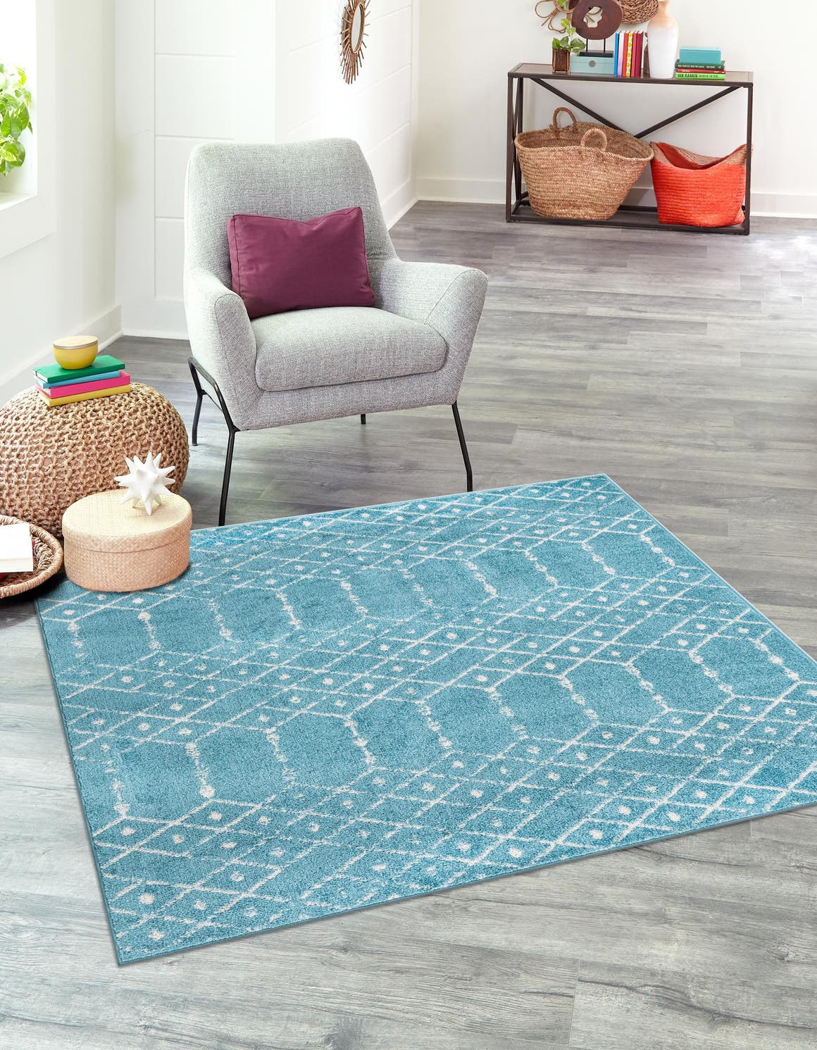 Teal blue 4' x 4' Paxon Trellis Square Area Rug Geometric Durable Stain Resistant Easy Clean Carpet for Modern Interior Home Decor for Sale at Rug Engine
