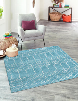 Teal blue 4' x 4' Paxon Trellis Square Area Rug Geometric Durable Stain Resistant Easy Clean Carpet for Modern Interior Home Decor for Sale at Rug Engine