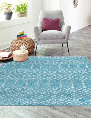 Teal blue 7' 10 x 7' 10 Paxon Trellis Square Area Rug Geometric Durable Stain Resistant Easy Clean Carpet for Modern Interior Home Decor for Sale at Rug Engine
