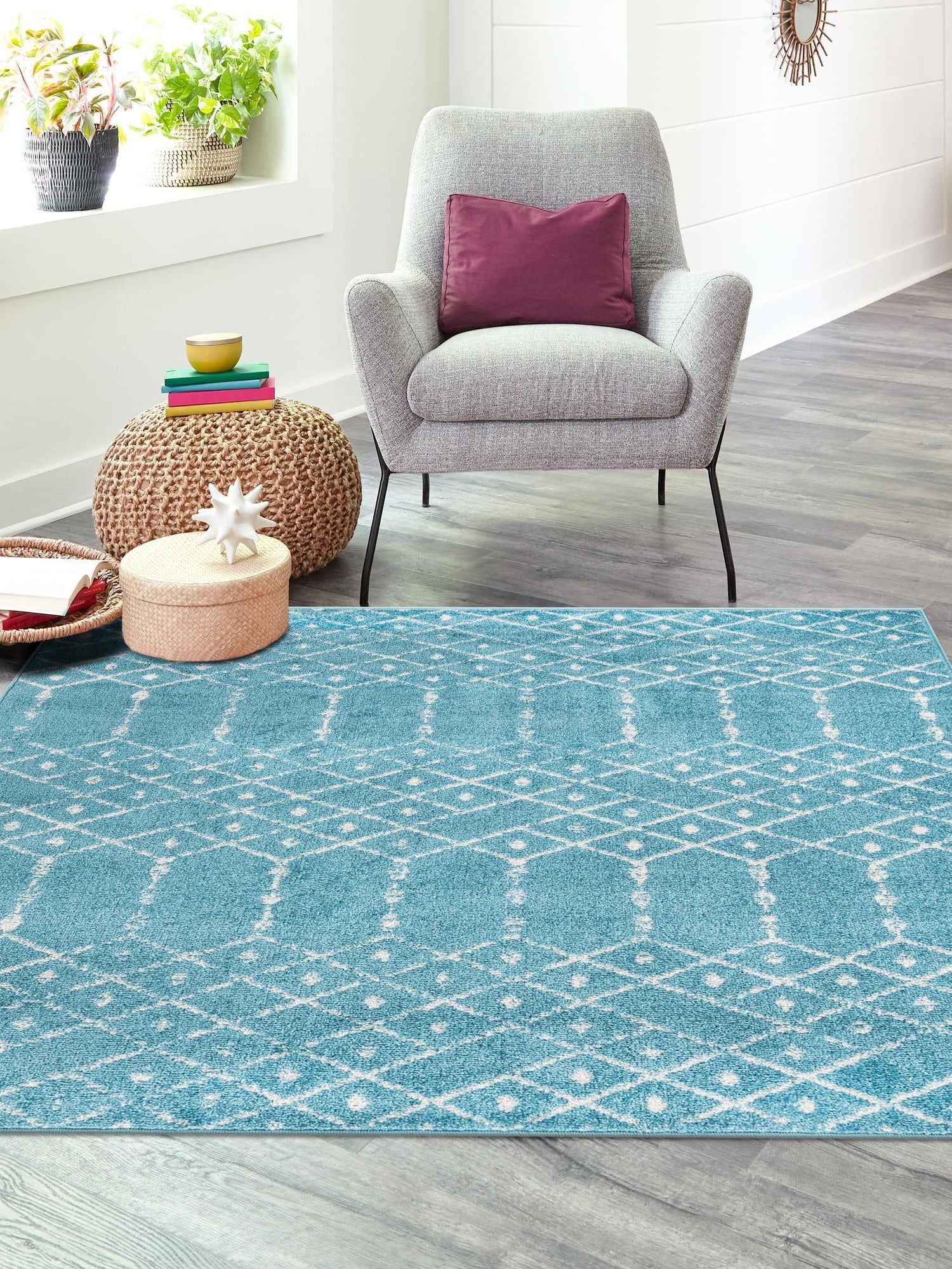 Teal blue 5' 3 x 5' 3 Paxon Trellis Square Area Rug Geometric Durable Stain Resistant Easy Clean Carpet for Modern Interior Home Decor for Sale at Rug Engine