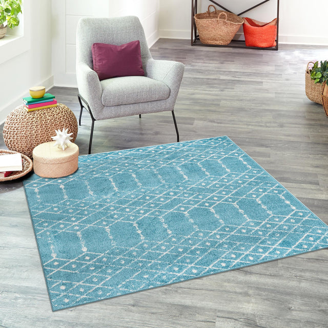 Teal blue 7' 10 x 7' 10 Paxon Trellis Square Area Rug Geometric Durable Stain Resistant Easy Clean Carpet for Modern Interior Home Decor for Sale at Rug Engine