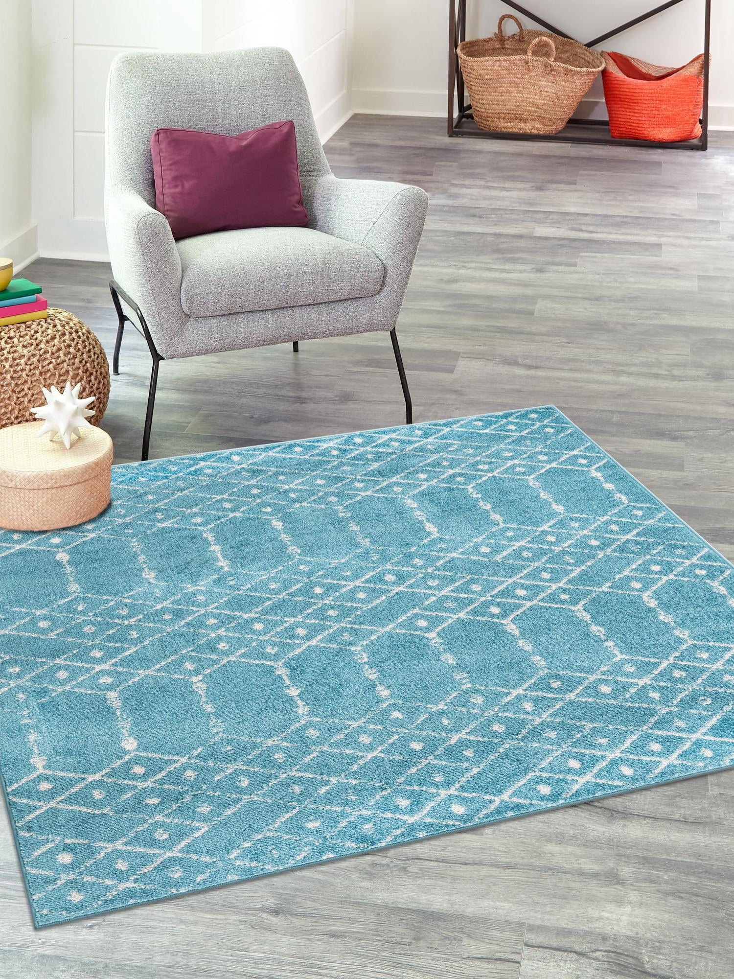 Teal blue 4' x 4' Paxon Trellis Square Area Rug Geometric Durable Stain Resistant Easy Clean Carpet for Modern Interior Home Decor for Sale at Rug Engine