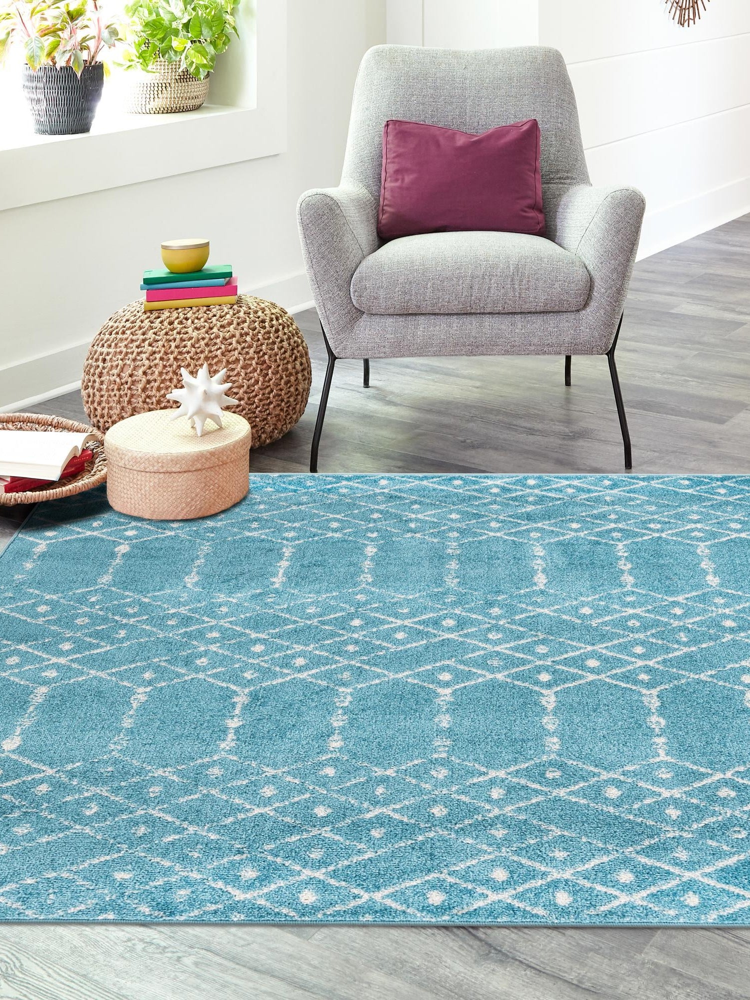 Teal blue 5' 3 x 5' 3 Paxon Trellis Square Area Rug Geometric Durable Stain Resistant Easy Clean Carpet for Modern Interior Home Decor for Sale at Rug Engine