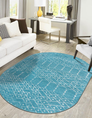 Teal blue 5' 3 x 8' Paxon Trellis Oval Area Rug Geometric Durable Stain Resistant Easy Clean Carpet for Modern Interior Home Decor for Sale at Rug Engine