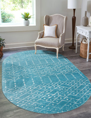 Teal blue 5' 3 x 8' Paxon Trellis Oval Area Rug Geometric Durable Stain Resistant Easy Clean Carpet for Modern Interior Home Decor for Sale at Rug Engine