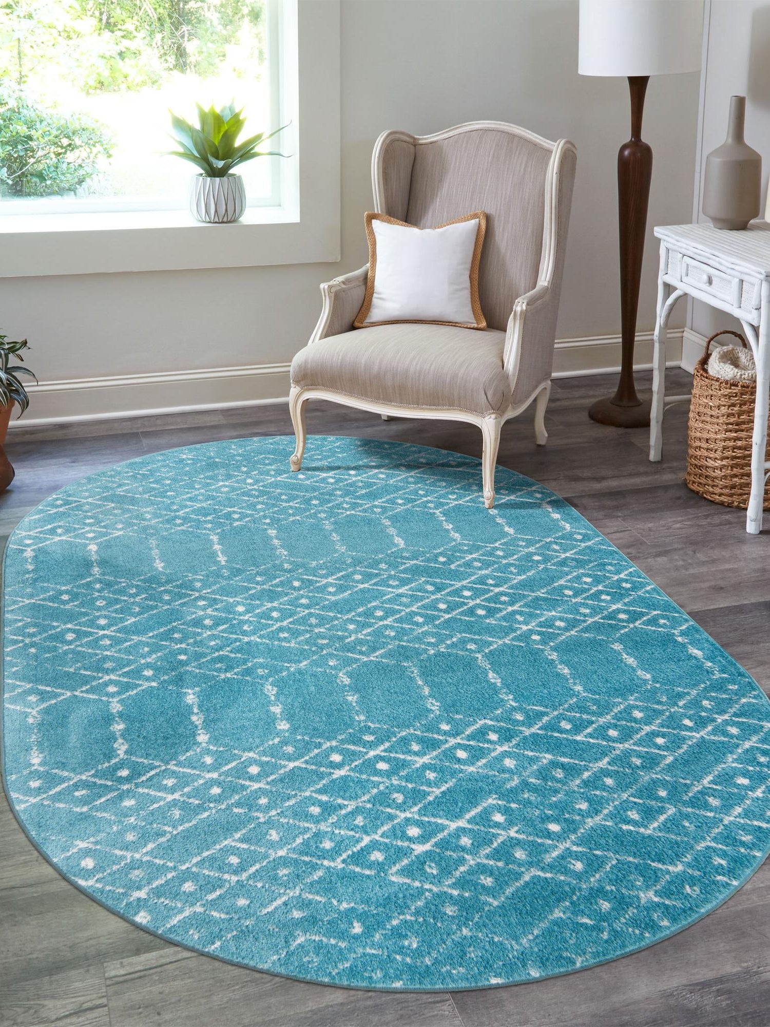 Teal blue 7' 10 x 10' Paxon Trellis Oval Area Rug Geometric Durable Stain Resistant Easy Clean Carpet for Modern Interior Home Decor for Sale at Rug Engine