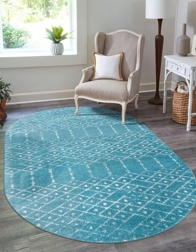 Teal blue 4' x 6' Paxon Trellis Oval Area Rug Geometric Durable Stain Resistant Easy Clean Carpet for Modern Interior Home Decor for Sale at Rug Engine