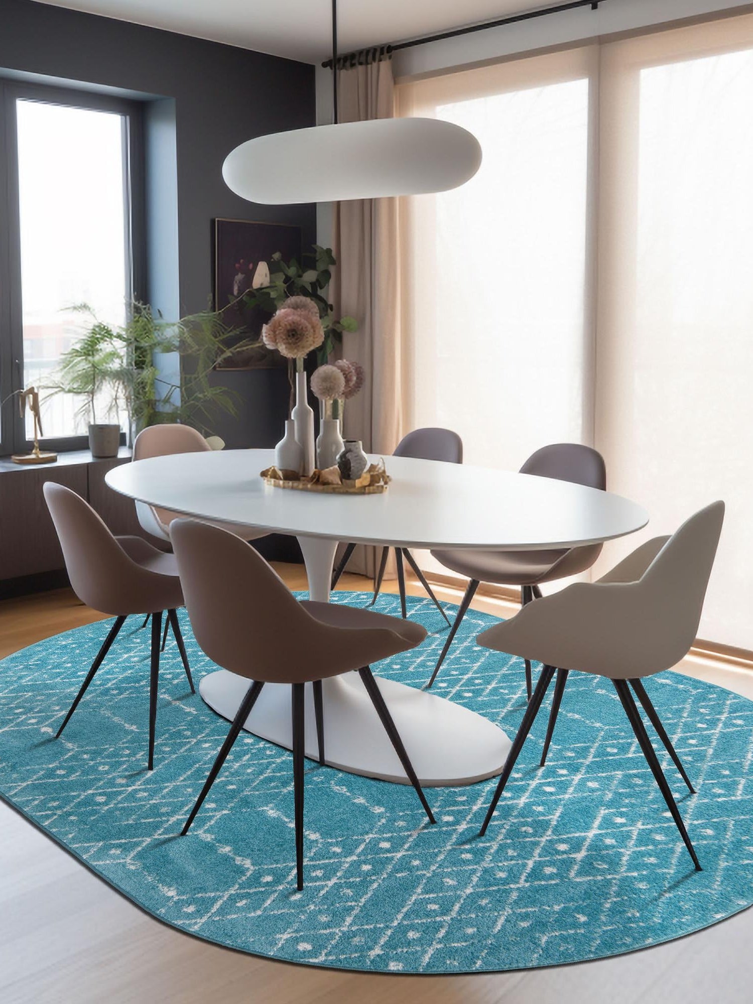 Teal blue 4' x 6' Paxon Trellis Oval Area Rug Geometric Durable Stain Resistant Easy Clean Carpet for Modern Interior Home Decor for Sale at Rug Engine