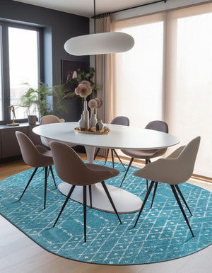 Teal blue 7' 10 x 10' Paxon Trellis Oval Area Rug Geometric Durable Stain Resistant Easy Clean Carpet for Modern Interior Home Decor for Sale at Rug Engine