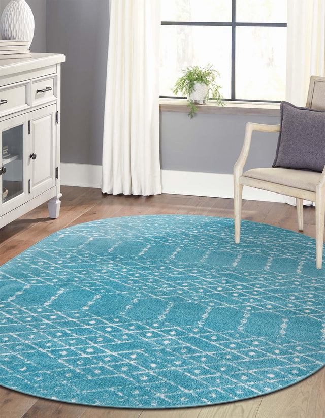 Teal blue 4' x 6' Paxon Trellis Oval Area Rug Geometric Durable Stain Resistant Easy Clean Carpet for Modern Interior Home Decor for Sale at Rug Engine