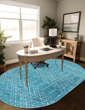 Teal blue 7' 10 x 10' Paxon Trellis Oval Area Rug Geometric Durable Stain Resistant Easy Clean Carpet for Modern Interior Home Decor for Sale at Rug Engine