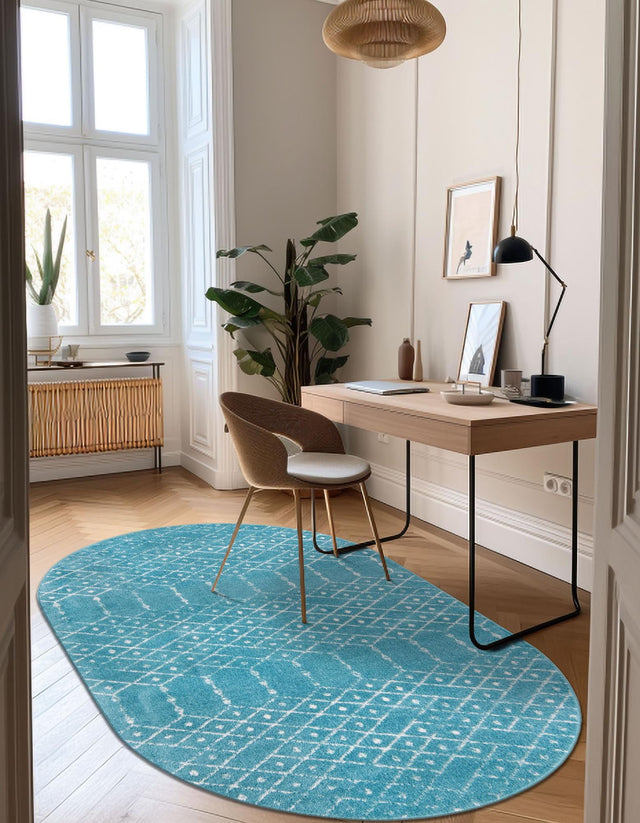 Teal blue 5' 3 x 8' Paxon Trellis Oval Area Rug Geometric Durable Stain Resistant Easy Clean Carpet for Modern Interior Home Decor for Sale at Rug Engine