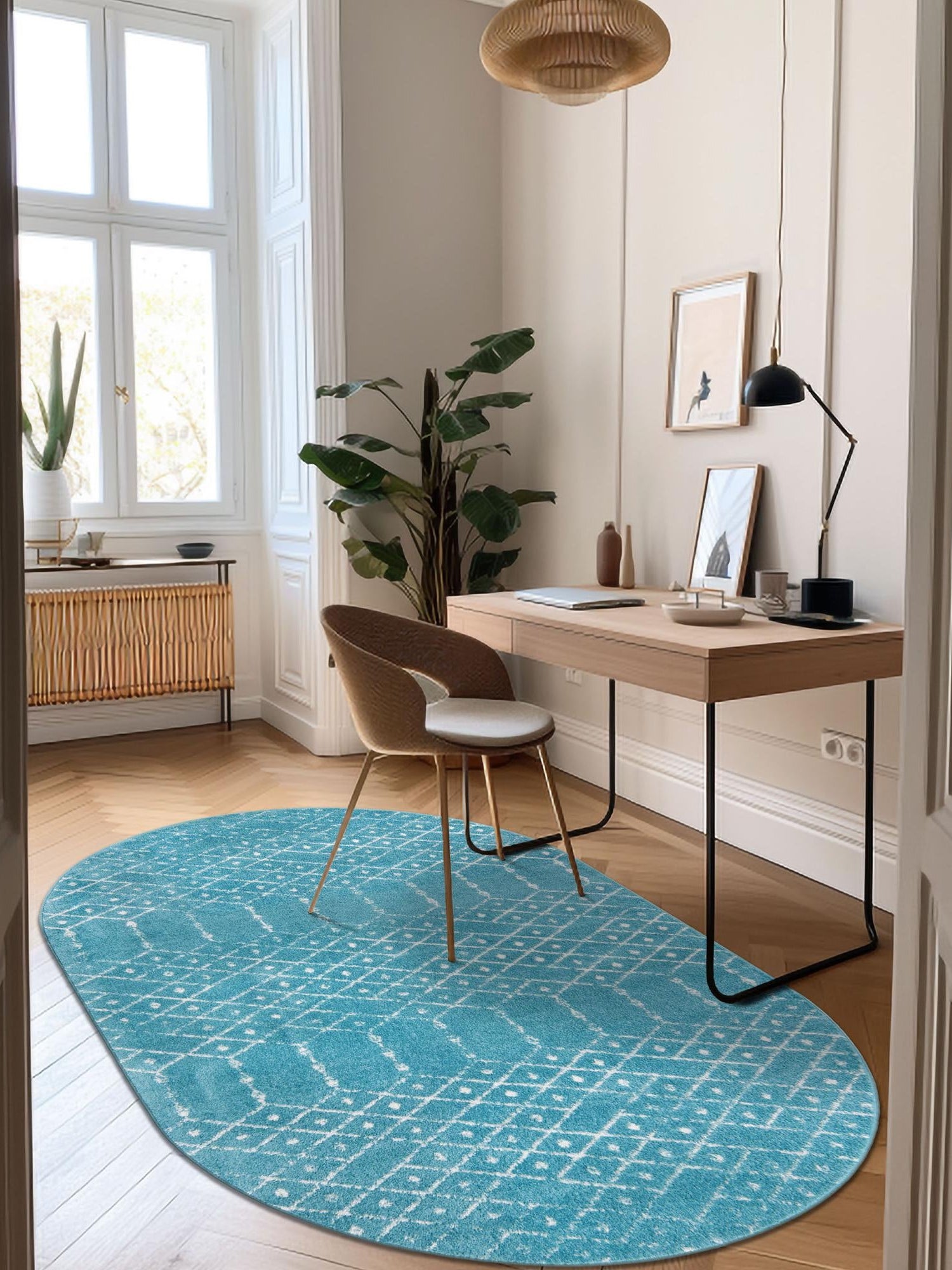 Teal blue 7' 10 x 10' Paxon Trellis Oval Area Rug Geometric Durable Stain Resistant Easy Clean Carpet for Modern Interior Home Decor for Sale at Rug Engine