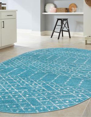 Teal blue 4' x 6' Paxon Trellis Oval Area Rug Geometric Durable Stain Resistant Easy Clean Carpet for Modern Interior Home Decor for Sale at Rug Engine