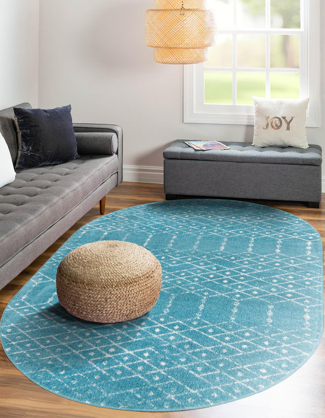 Teal blue 5' 3 x 8' Paxon Trellis Oval Area Rug Geometric Durable Stain Resistant Easy Clean Carpet for Modern Interior Home Decor for Sale at Rug Engine