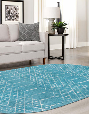 Teal blue 5' 3 x 8' Paxon Trellis Oval Area Rug Geometric Durable Stain Resistant Easy Clean Carpet for Modern Interior Home Decor for Sale at Rug Engine