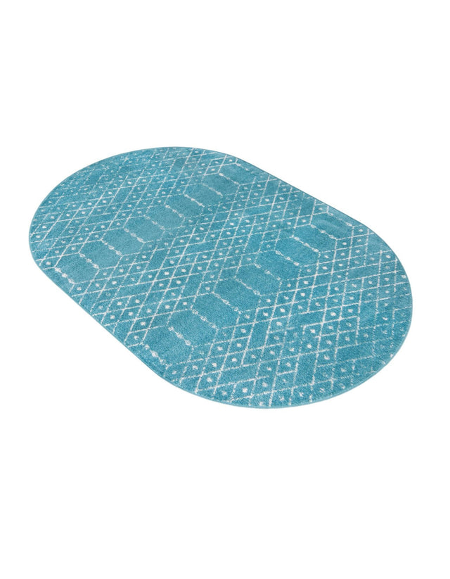 Teal blue 5' 3 x 8' Paxon Trellis Oval Area Rug Geometric Durable Stain Resistant Easy Clean Carpet for Modern Interior Home Decor for Sale at Rug Engine