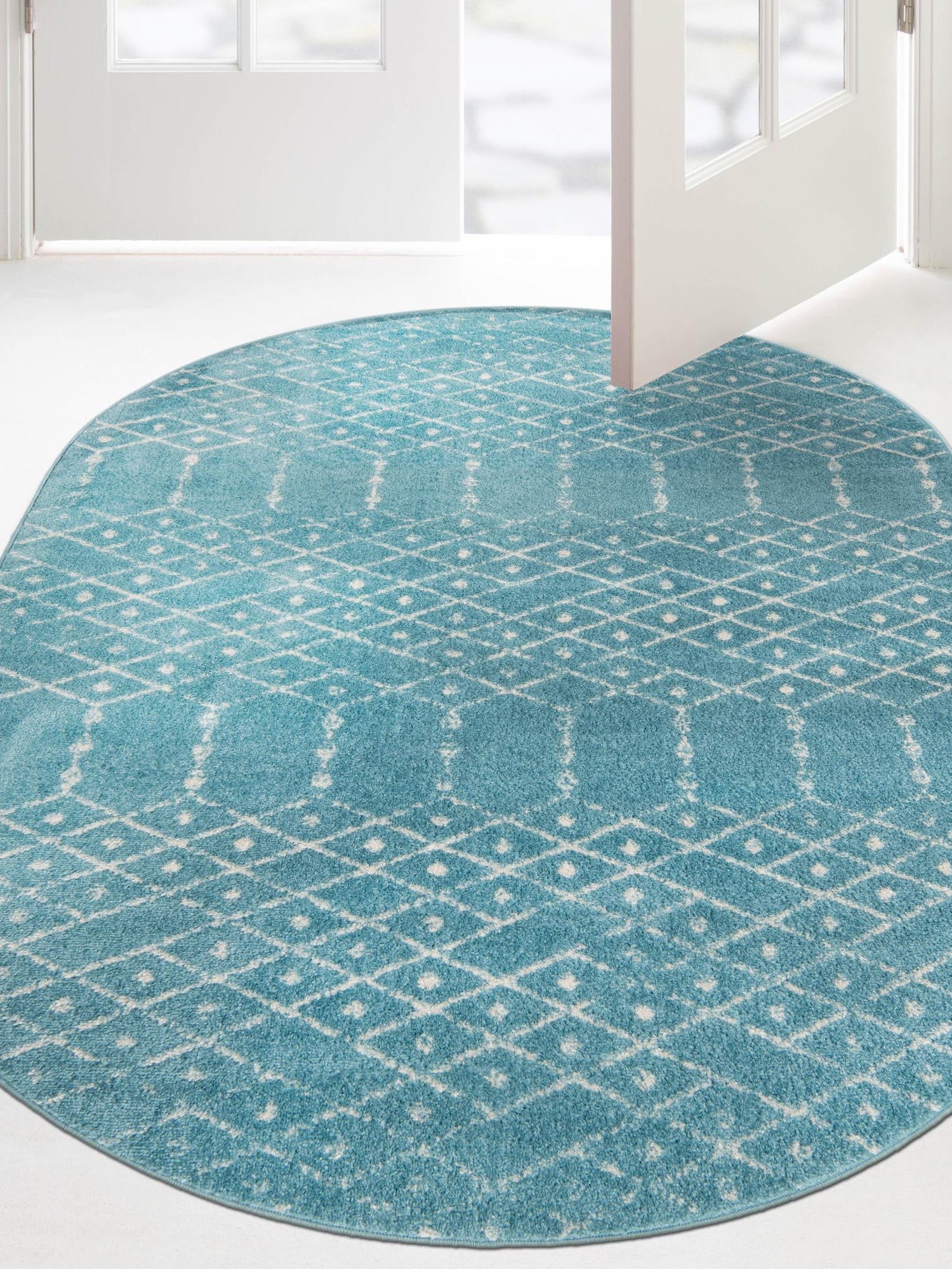 Teal blue 4' x 6' Paxon Trellis Oval Area Rug Geometric Durable Stain Resistant Easy Clean Carpet for Modern Interior Home Decor for Sale at Rug Engine