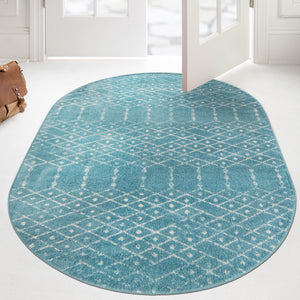 Teal blue 7' 10 x 10' Paxon Trellis Oval Area Rug Geometric Durable Stain Resistant Easy Clean Carpet for Modern Interior Home Decor for Sale at Rug Engine