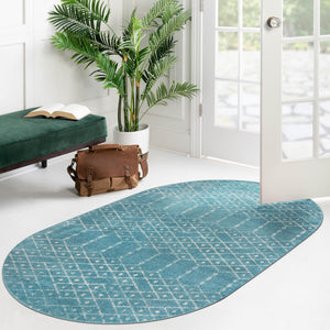 Teal blue 7' 10 x 10' Paxon Trellis Oval Area Rug Geometric Durable Stain Resistant Easy Clean Carpet for Modern Interior Home Decor for Sale at Rug Engine