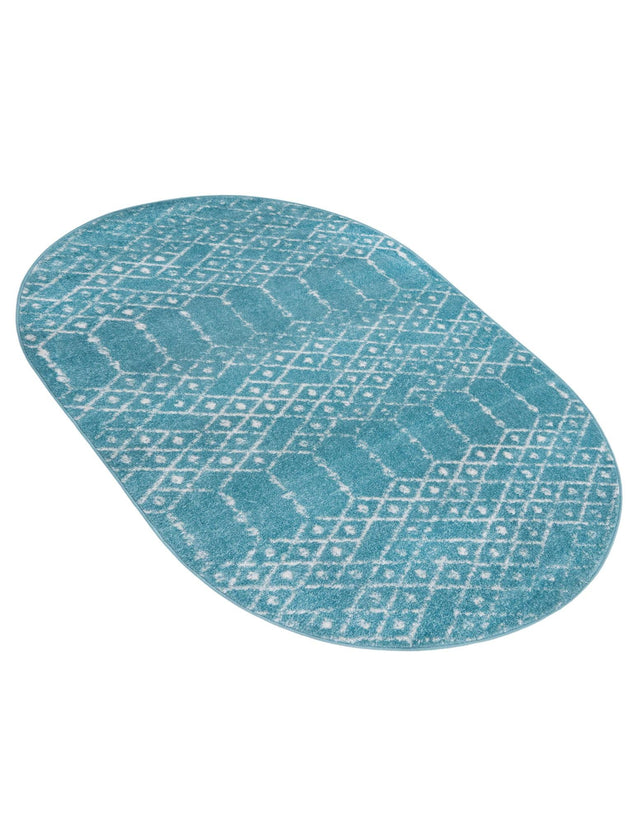 Teal blue 4' x 6' Paxon Trellis Oval Area Rug Geometric Durable Stain Resistant Easy Clean Carpet for Modern Interior Home Decor for Sale at Rug Engine