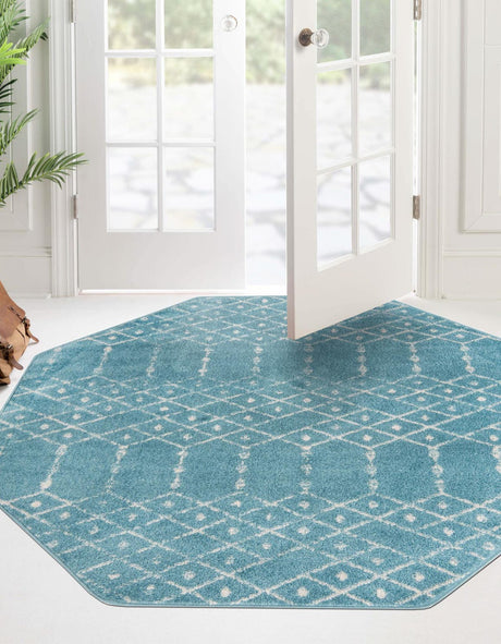 Teal blue 5' 3 x 5' 3 Paxon Trellis Octagon Area Rug Geometric Durable Stain Resistant Easy Clean Carpet for Modern Interior Home Decor for Sale at Rug Engine