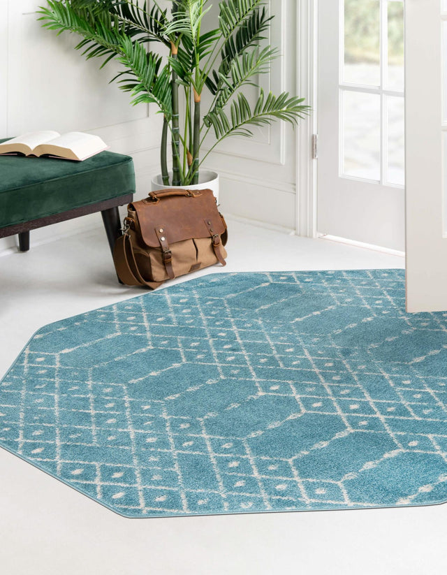 Teal blue 5' 3 x 5' 3 Paxon Trellis Octagon Area Rug Geometric Durable Stain Resistant Easy Clean Carpet for Modern Interior Home Decor for Sale at Rug Engine