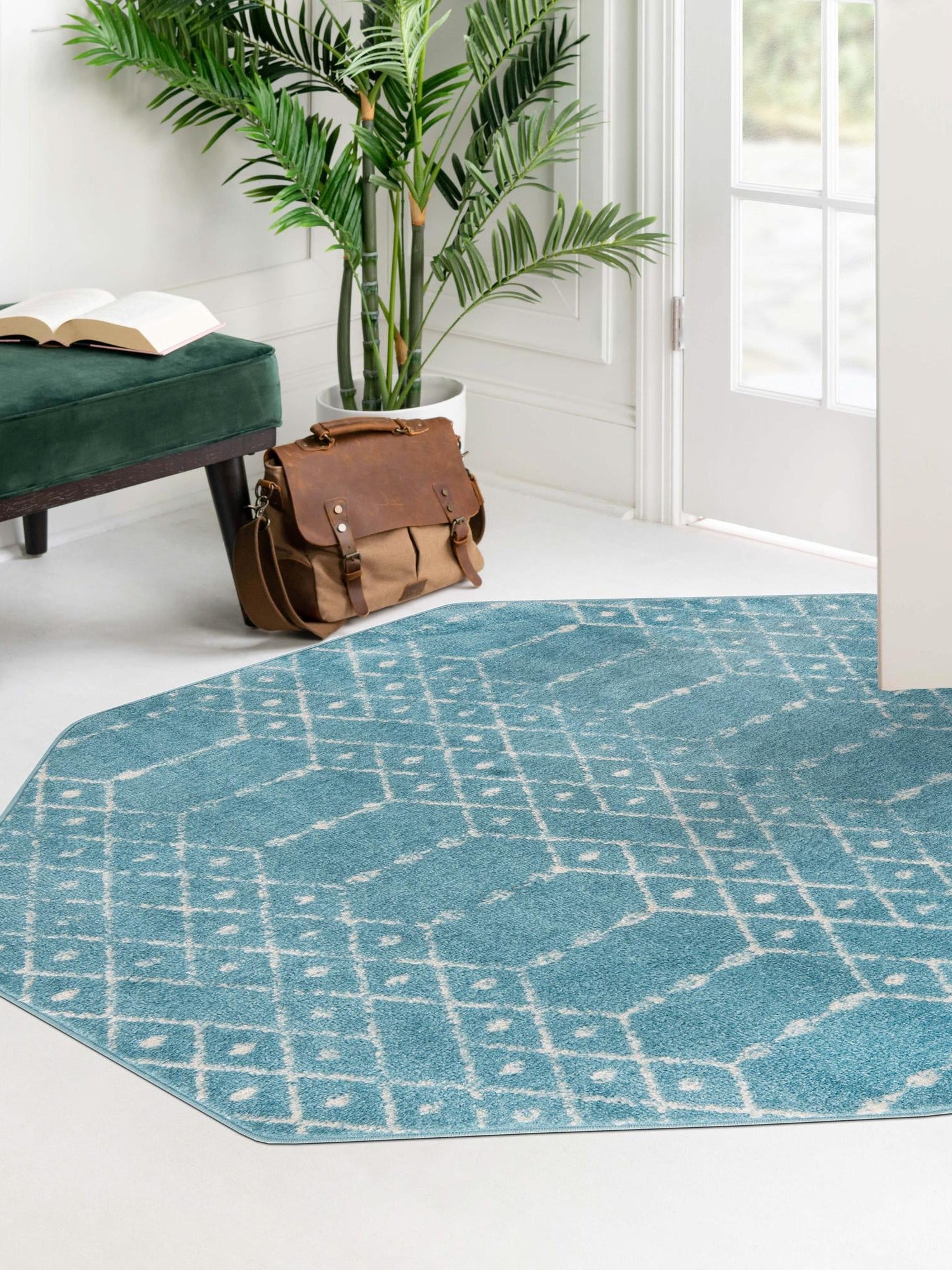Teal blue 7' 10 x 7' 10 Paxon Trellis Octagon Area Rug Geometric Durable Stain Resistant Easy Clean Carpet for Modern Interior Home Decor for Sale at Rug Engine