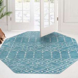 Teal blue 5' 3 x 5' 3 Paxon Trellis Octagon Area Rug Geometric Durable Stain Resistant Easy Clean Carpet for Modern Interior Home Decor for Sale at Rug Engine