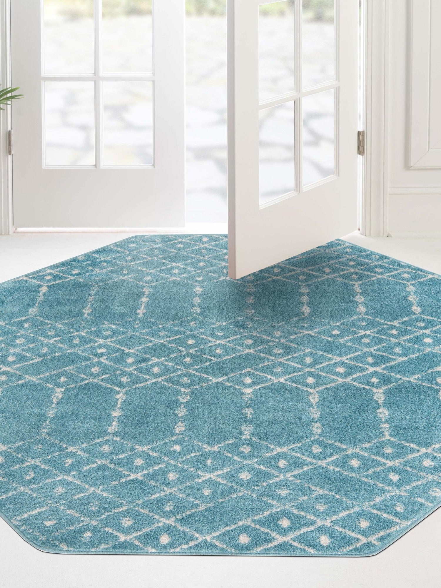 Teal blue 7' 10 x 7' 10 Paxon Trellis Octagon Area Rug Geometric Durable Stain Resistant Easy Clean Carpet for Modern Interior Home Decor for Sale at Rug Engine