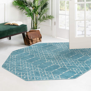 Teal blue 5' 3 x 5' 3 Paxon Trellis Octagon Area Rug Geometric Durable Stain Resistant Easy Clean Carpet for Modern Interior Home Decor for Sale at Rug Engine