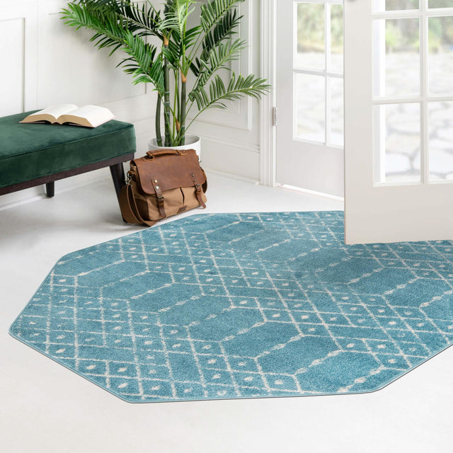 Teal blue 5' 3 x 5' 3 Paxon Trellis Octagon Area Rug Geometric Durable Stain Resistant Easy Clean Carpet for Modern Interior Home Decor for Sale at Rug Engine