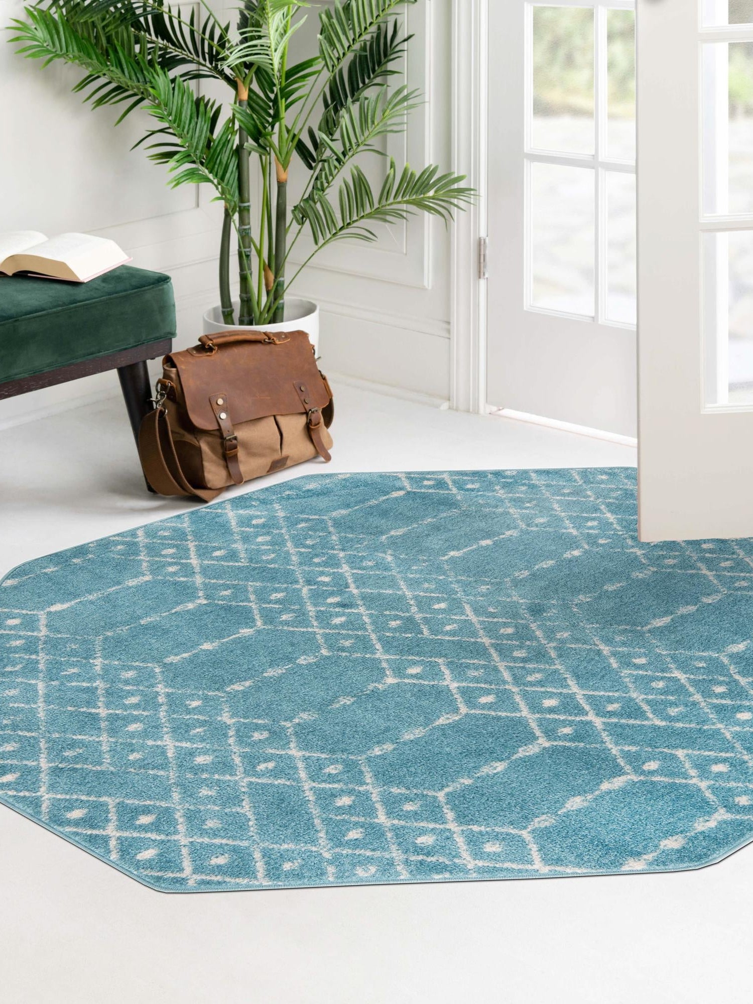 Teal blue 7' 10 x 7' 10 Paxon Trellis Octagon Area Rug Geometric Durable Stain Resistant Easy Clean Carpet for Modern Interior Home Decor for Sale at Rug Engine