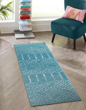 Teal blue 2' x 9' 10 Paxon Trellis Runner Area Rug Geometric Durable Stain Resistant Easy Clean Carpet for Modern Interior Home Decor for Sale at Rug Engine