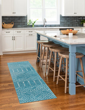 Teal blue 2' x 9' 10 Paxon Trellis Runner Area Rug Geometric Durable Stain Resistant Easy Clean Carpet for Modern Interior Home Decor for Sale at Rug Engine