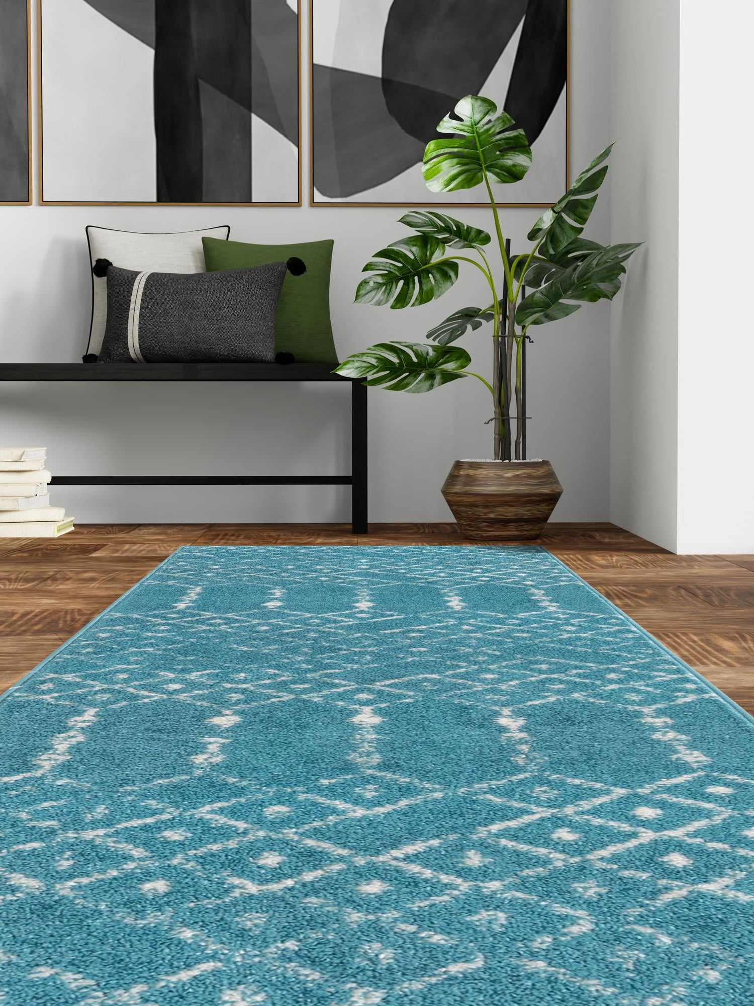 Teal blue 2' 11 x 16' Paxon Trellis Runner Area Rug Geometric Durable Stain Resistant Easy Clean Carpet for Modern Interior Home Decor for Sale at Rug Engine