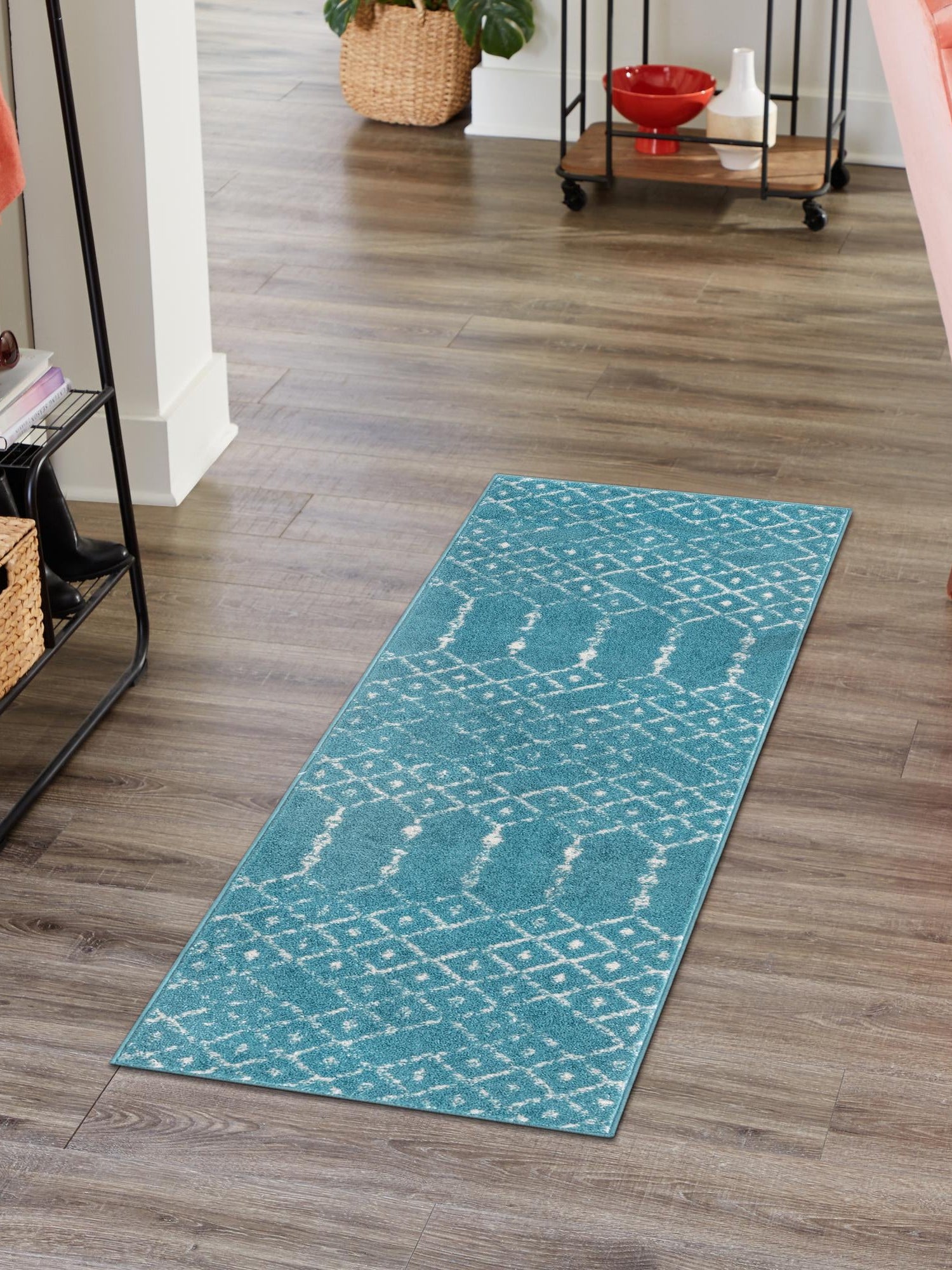 Teal blue 2' x 9' 10 Paxon Trellis Runner Area Rug Geometric Durable Stain Resistant Easy Clean Carpet for Modern Interior Home Decor for Sale at Rug Engine