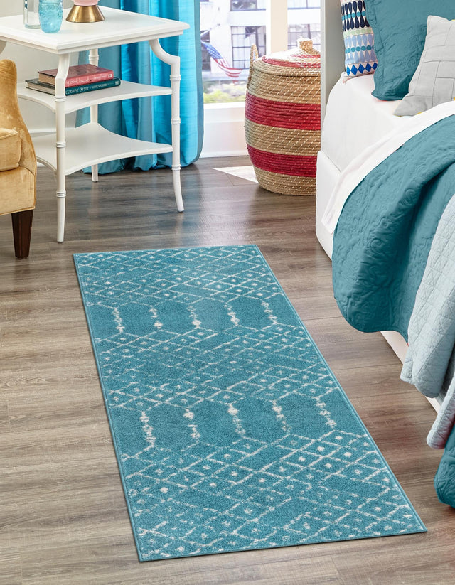 Teal blue 2' x 6' Paxon Trellis Runner Area Rug Geometric Durable Stain Resistant Easy Clean Carpet for Modern Interior Home Decor for Sale at Rug Engine