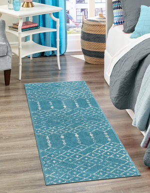 Teal blue 2' x 6' Paxon Trellis Runner Area Rug Geometric Durable Stain Resistant Easy Clean Carpet for Modern Interior Home Decor for Sale at Rug Engine