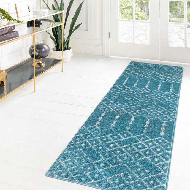 Teal blue 2' x 6' Paxon Trellis Runner Area Rug Geometric Durable Stain Resistant Easy Clean Carpet for Modern Interior Home Decor for Sale at Rug Engine