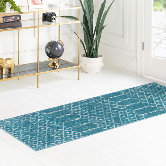 Teal blue 2' x 6' Paxon Trellis Runner Area Rug Geometric Durable Stain Resistant Easy Clean Carpet for Modern Interior Home Decor for Sale at Rug Engine