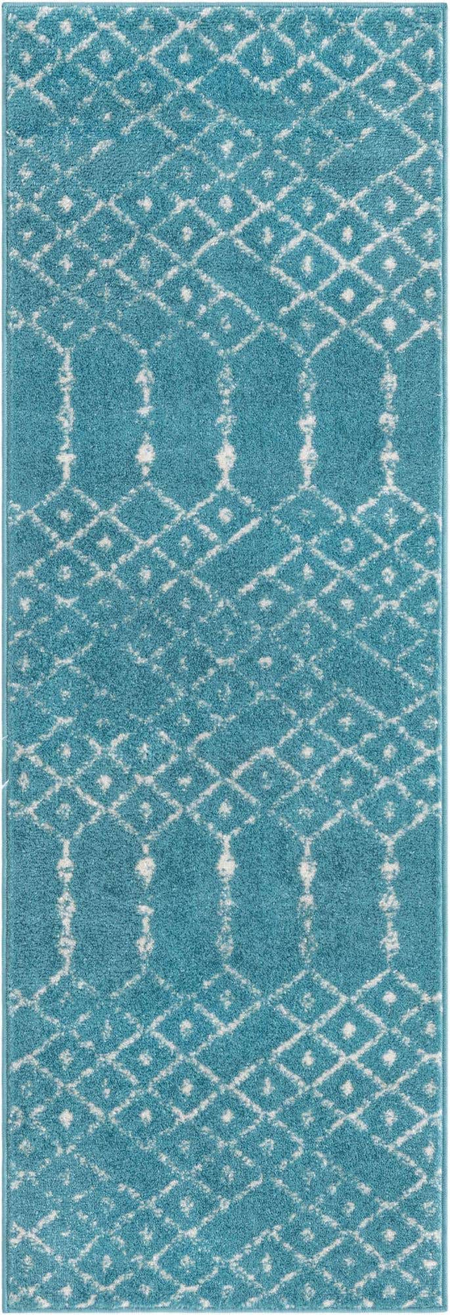 Teal blue 2' x 6' Paxon Trellis Runner Area Rug Geometric Durable Stain Resistant Easy Clean Carpet for Modern Interior Home Decor for Sale at Rug Engine