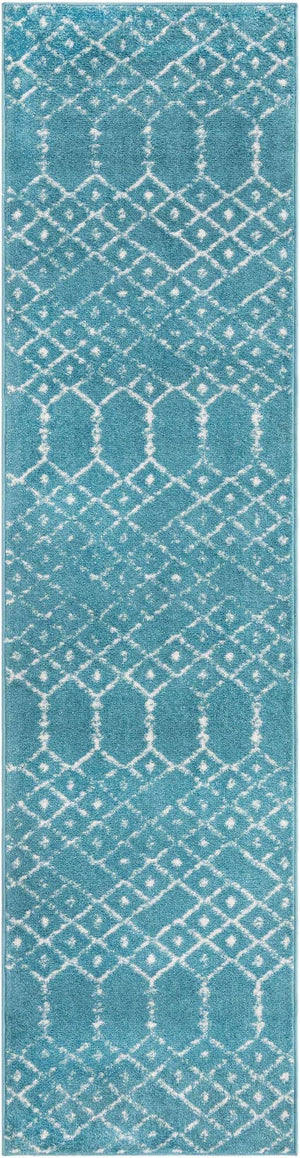 Teal blue 2' x 8' Paxon Trellis Runner Area Rug Geometric Durable Stain Resistant Easy Clean Carpet for Modern Interior Home Decor for Sale at Rug Engine