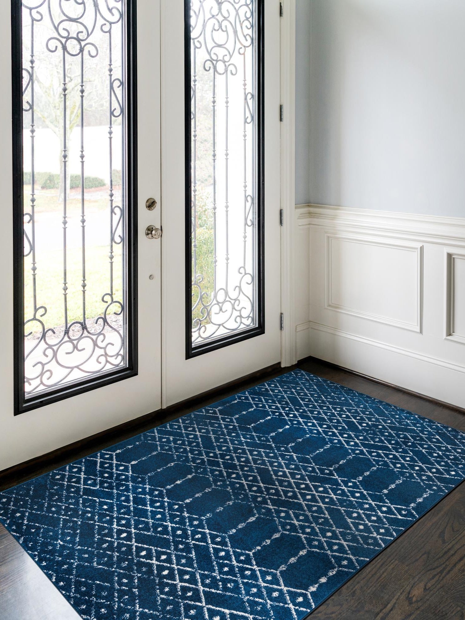 Navy Blue 7' 10 x 10' Paxon Trellis Rectangle Area Rug Geometric Durable Stain Resistant Easy Clean Carpet for Modern Interior Home Decor for Sale at Rug Engine