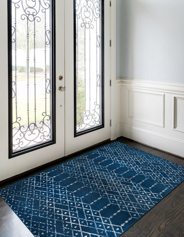 Navy Blue 7' 10 x 10' Paxon Trellis Rectangle Area Rug Geometric Durable Stain Resistant Easy Clean Carpet for Modern Interior Home Decor for Sale at Rug Engine