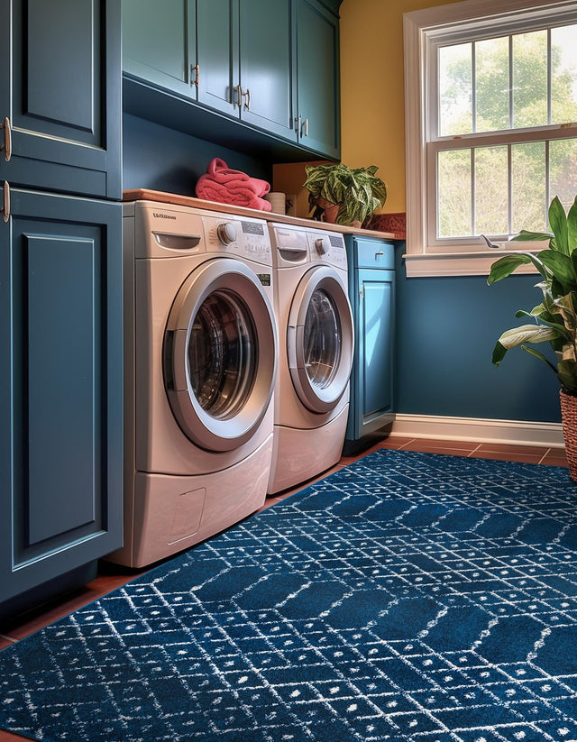 Navy Blue 7' 10 x 10' Paxon Trellis Rectangle Area Rug Geometric Durable Stain Resistant Easy Clean Carpet for Modern Interior Home Decor for Sale at Rug Engine