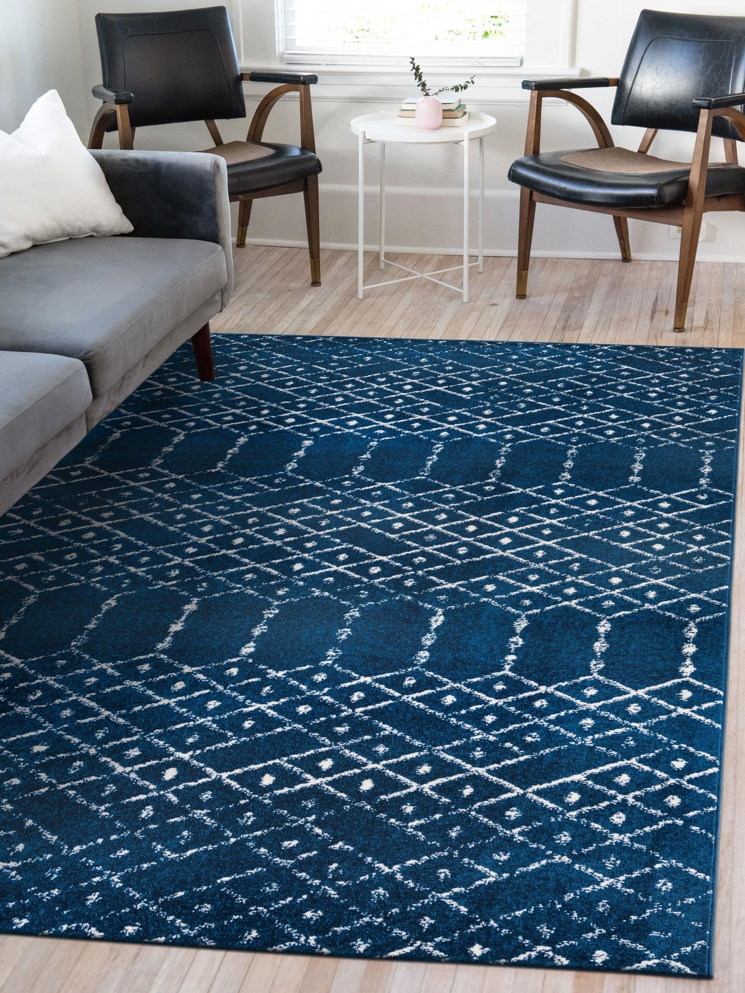 Navy Blue 5' 3 x 8' Paxon Trellis Rectangle Area Rug Geometric Durable Stain Resistant Easy Clean Carpet for Modern Interior Home Decor for Sale at Rug Engine